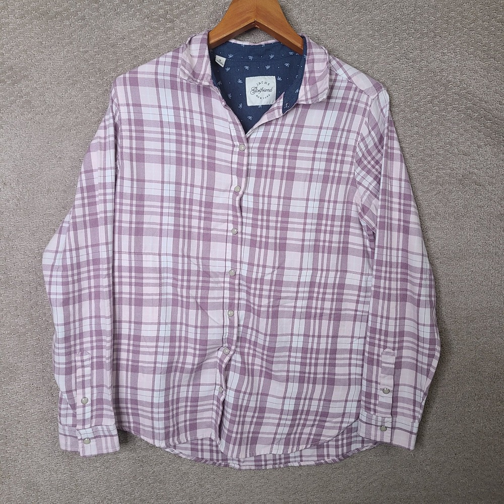 Jachs Girlfriend‎ Shirt Womens S Purple Plaid Pearl Snap Button Down Rayon Blend